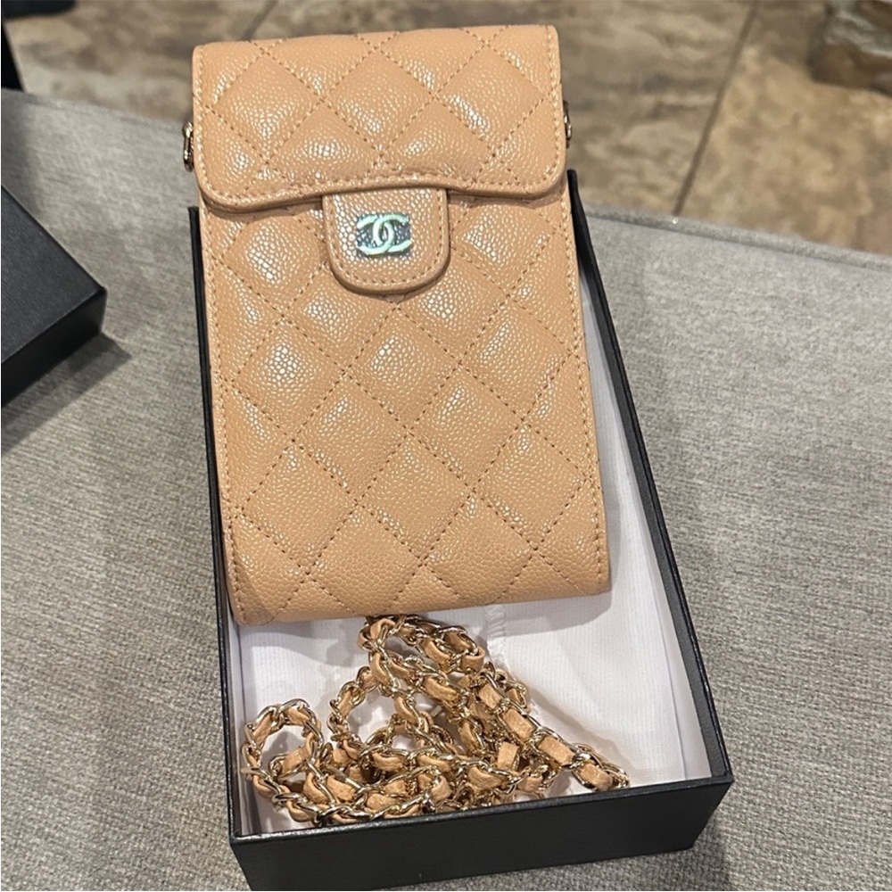 Beige Quilted Phone case Bag with Chain